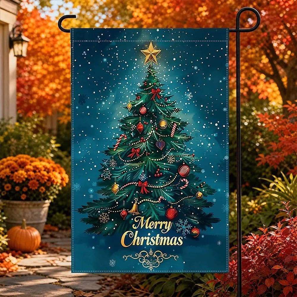 Bandera de jardín de árbol de Navidad, 12 x 18, doble cara, decoración de patio de vacaciones de invierno, adornos de estrellas, escena de nieve, impresión 2D, bandera de bienvenida al aire libre (asta de bandera no incluida)