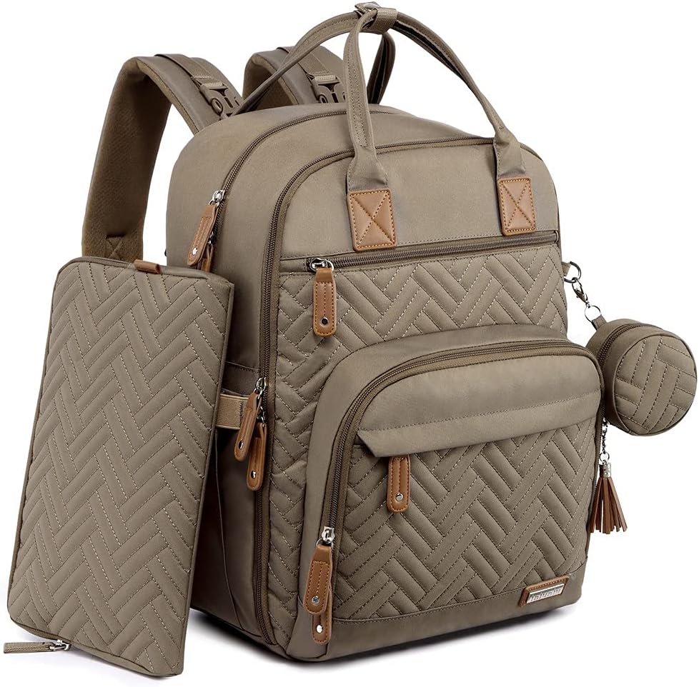 Diaper Bag Backpack, iniuniu Large Unisex Baby Bags for Boys Girls, Waterproof Travel Back Pack with Diaper Pouch, Washable Changing Pad, Pacifier Case and Stroller Straps, Khaki