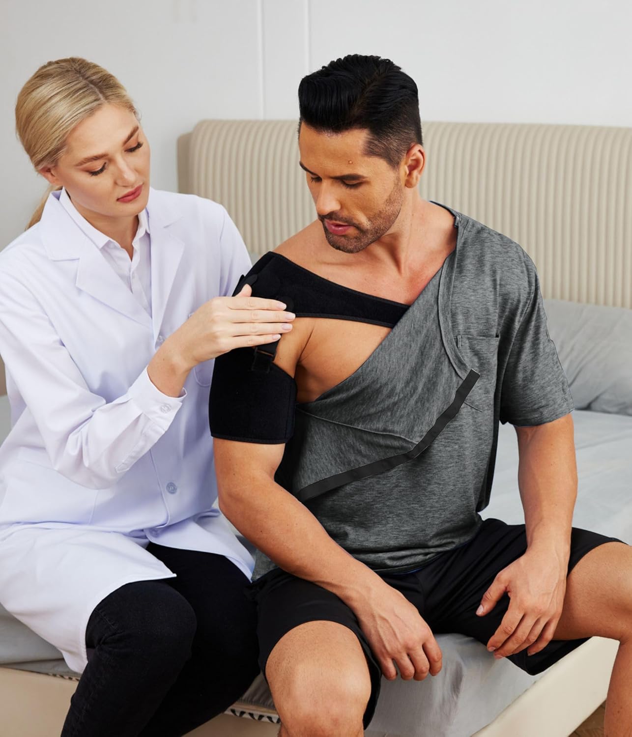 Deyeek Men's Post Shoulder Surgery Shirts Recovery Tear Away Short Sleeve Full Open Side Snap Adaptive Chemo Clothing - Image 2