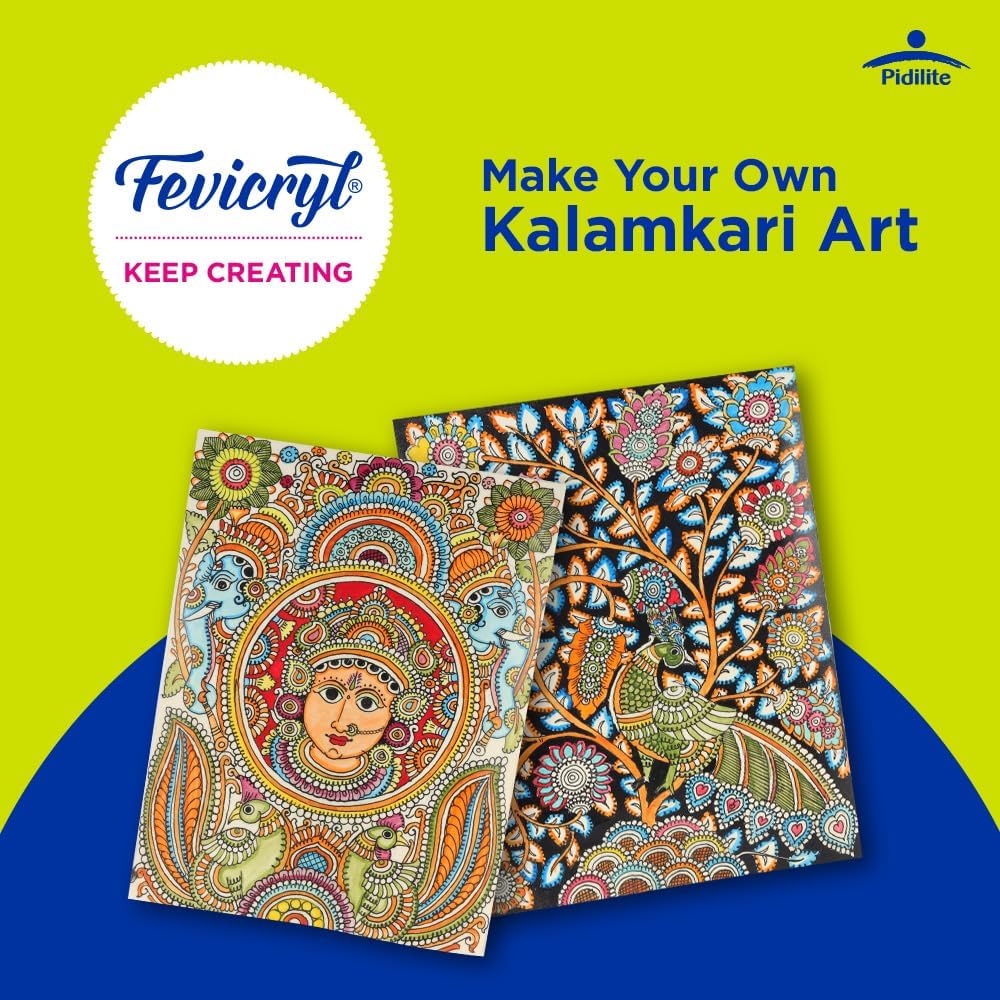 Fevicryl DIY Art of India Kalamkari Art kit | DIY Acrylic Painting Set with Acrylic Paints 12 Shades | Set of 2 Round Brushes | Pre-Designed Canvas 8 x10 | Ideal for Festive Gifting