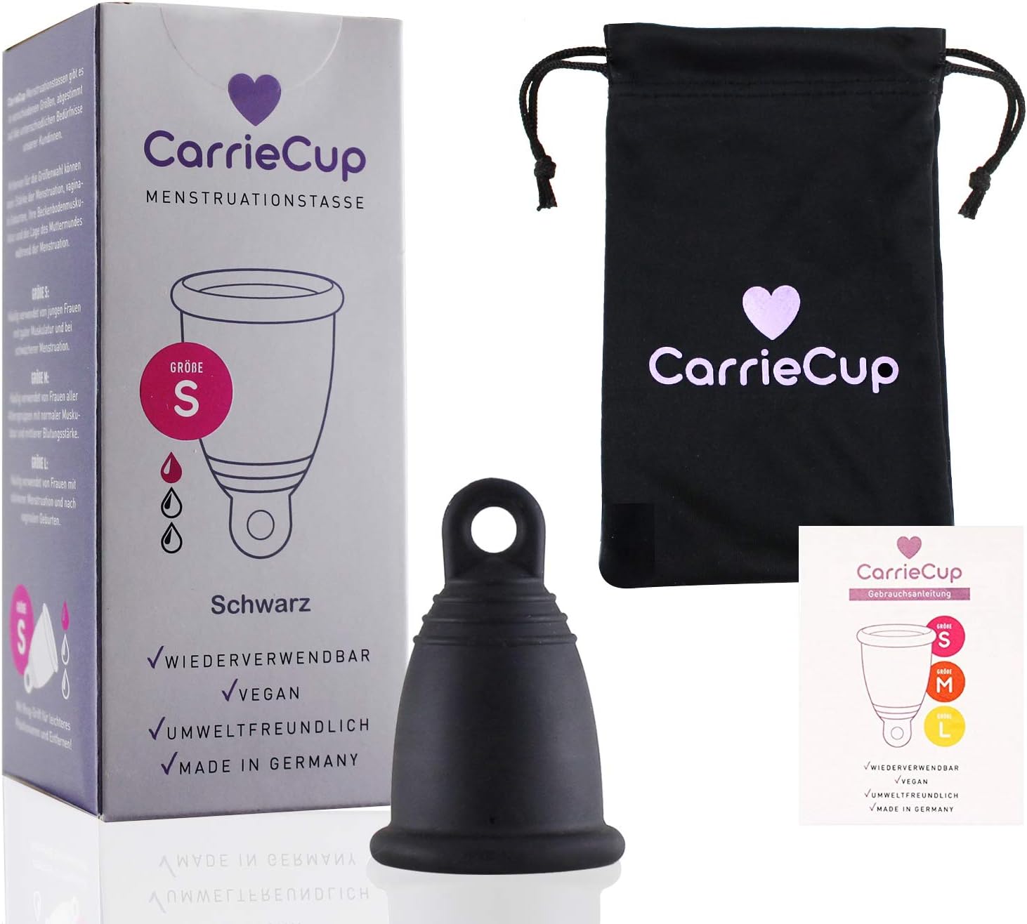 CarrieCup Menstrual Cup Small, Made in Germany, Includes Bag, BPA-Free, Alternative to Tampons and Pads, Silicone-Free, Menstrual Cup Black