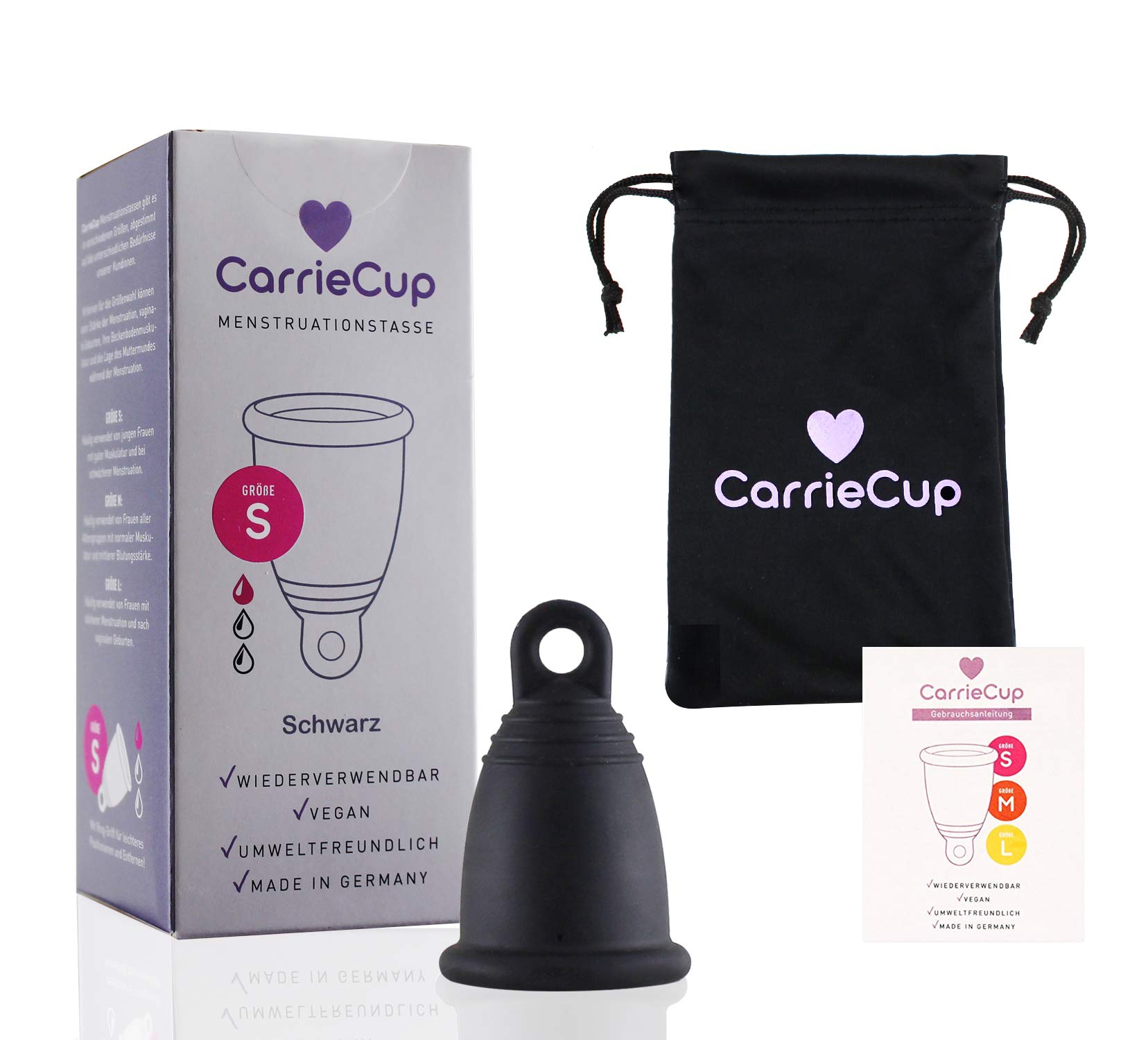 CarrieCup Menstrual Cup Small, Made in Germany, Includes Bag, BPA-Free, Alternative to Tampons and Pads, Silicone-Free, Menstrual Cup Black