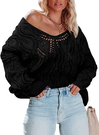 AlvaQ Womens 2023 Fall Long Sleeve V Neck Crochet Sweater Ribbed Hem Casual Hollow Out Knitwear Pullover Jumper Tops