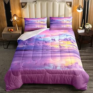 Homewish Sunset Glow Sky Bedding Set, Pink Sea and Cloud Print Natural Scenery Theme, Girly Style Comforter Set for Kids Girls Boys Teens Polyester Quilted Duvet with 2 Pillowcases, Full Size