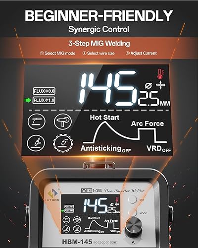 Miniatura 3 de HITBOX Mig Welder 110V220V, máquina de soldadura de núcleo de flujo mejorada 145A 4 en 1 sin gas MIGelevación TIGMMApistola de carrete de soporte,