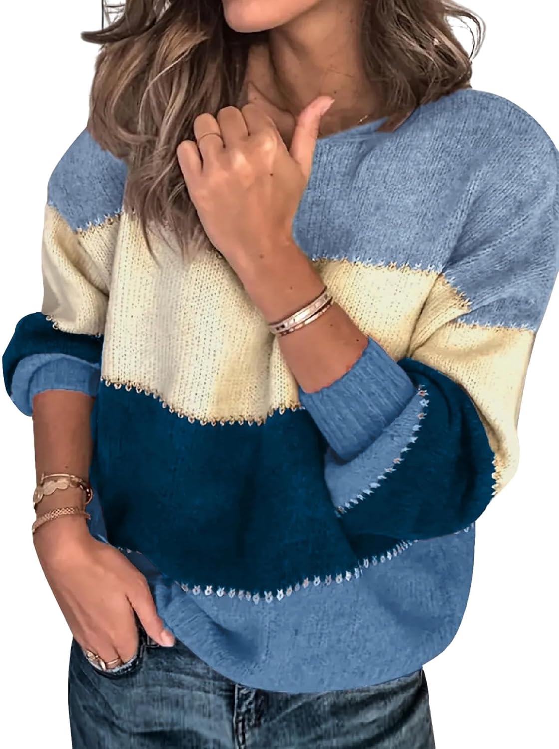 Womens Oversized Cute Color Block Sweater Fall 2025 Trendy Lightweight Knit Crew Neck Long Sleeve Pullover Sweaters