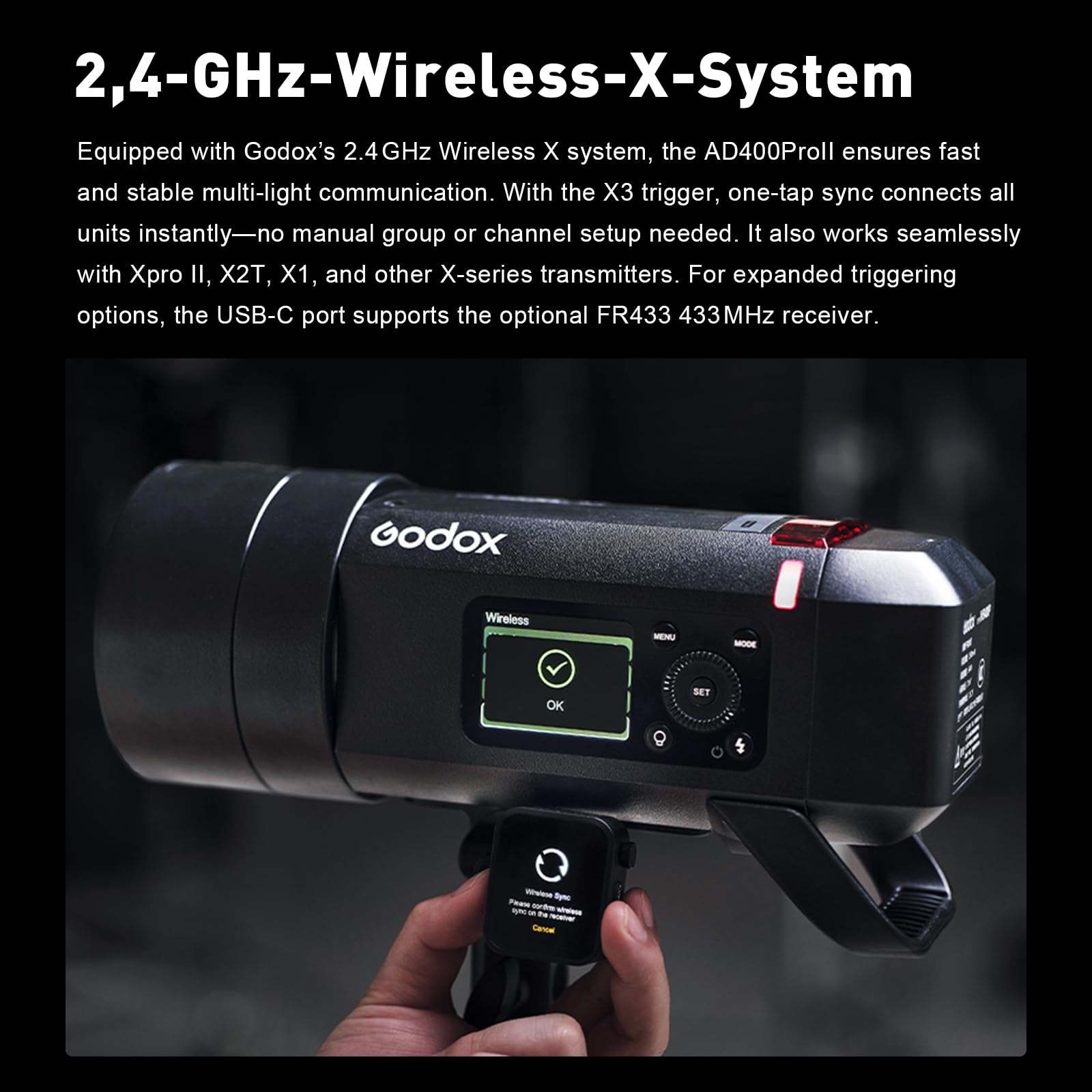 Godox AD400ProII 400Ws Blitzgerät für Fotografie AD400Pro II Outdoor Blitz | AD400 PRO II Blitz TTL GN72 HSS 1/8000s,0.01–1s Ladezeit,2.4G Wireless X mit 30W Bi-Color LED-Einstelllicht,2600mAh Batterie