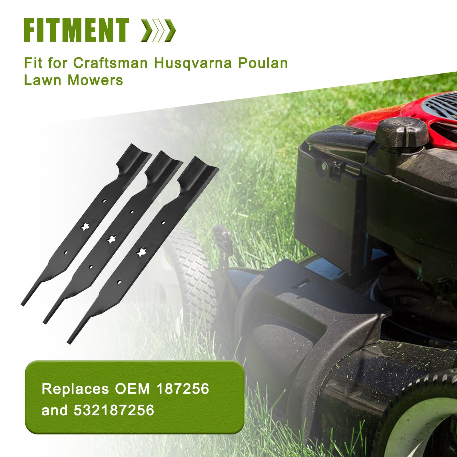 ELITEWILL 3 cuchillas para cortacésped con cubierta de 54 pulgadas para cortacésped Craftsman Husqvarna Poulan sustituye a OEM 187256 y 532187256