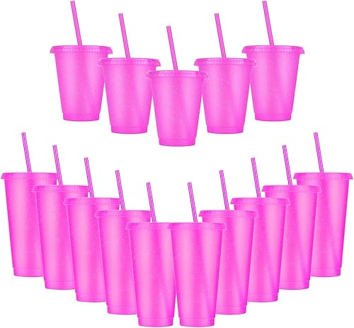 Miniatura 1 de Paquete de 15 vasos de plástico con tapas y pajilla, paquete de 10 vasos reutilizables con tapas y popote para adultos (24 onzas) y paquete de 5