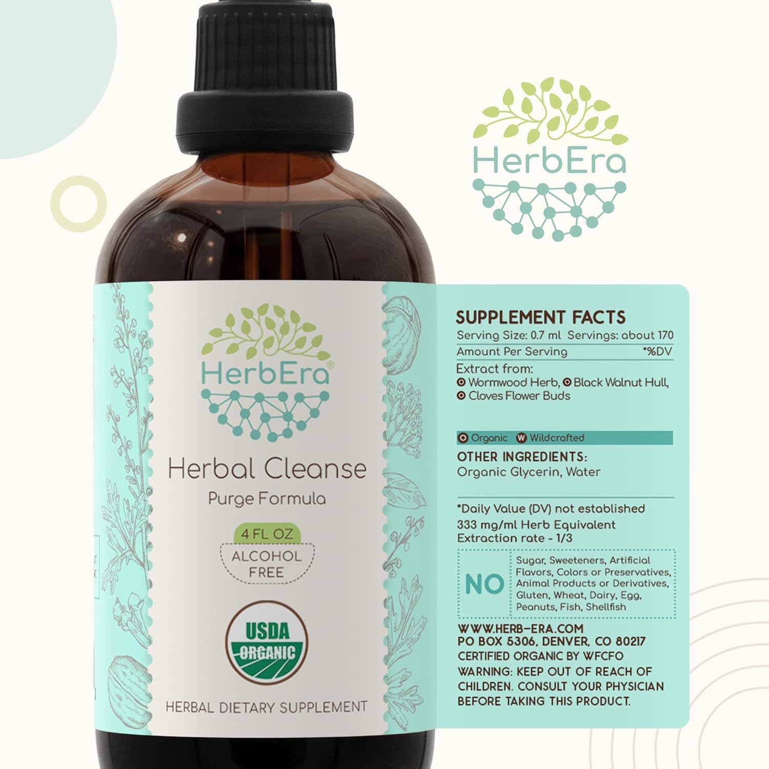HerbEra Herbal Cleanse Organic Alcohol-Free Tincture | Detox and Cleanse Formula, Extract Supplement | Organic Wormwood Herb, Black Walnut Hull, Cloves Flower Buds | Purge Extract (4 fl oz) - Image 5