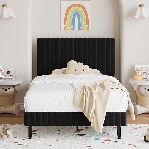 Miniatura 14 de BarnFurin Base de cama tamaño Queen con cabecera ajustable, plataforma tapizada de terciopelo con diseño capitoné de canal vertical, no requiere