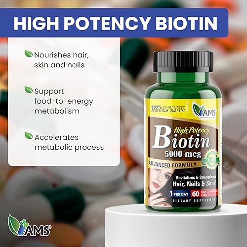 Miniatura 2 de America Medic & Science Biotina de alta potencia 5,000 mcg  Suplemento dietético de vitamina B7 para hombres y mujeres  Apoyo al crecimiento del