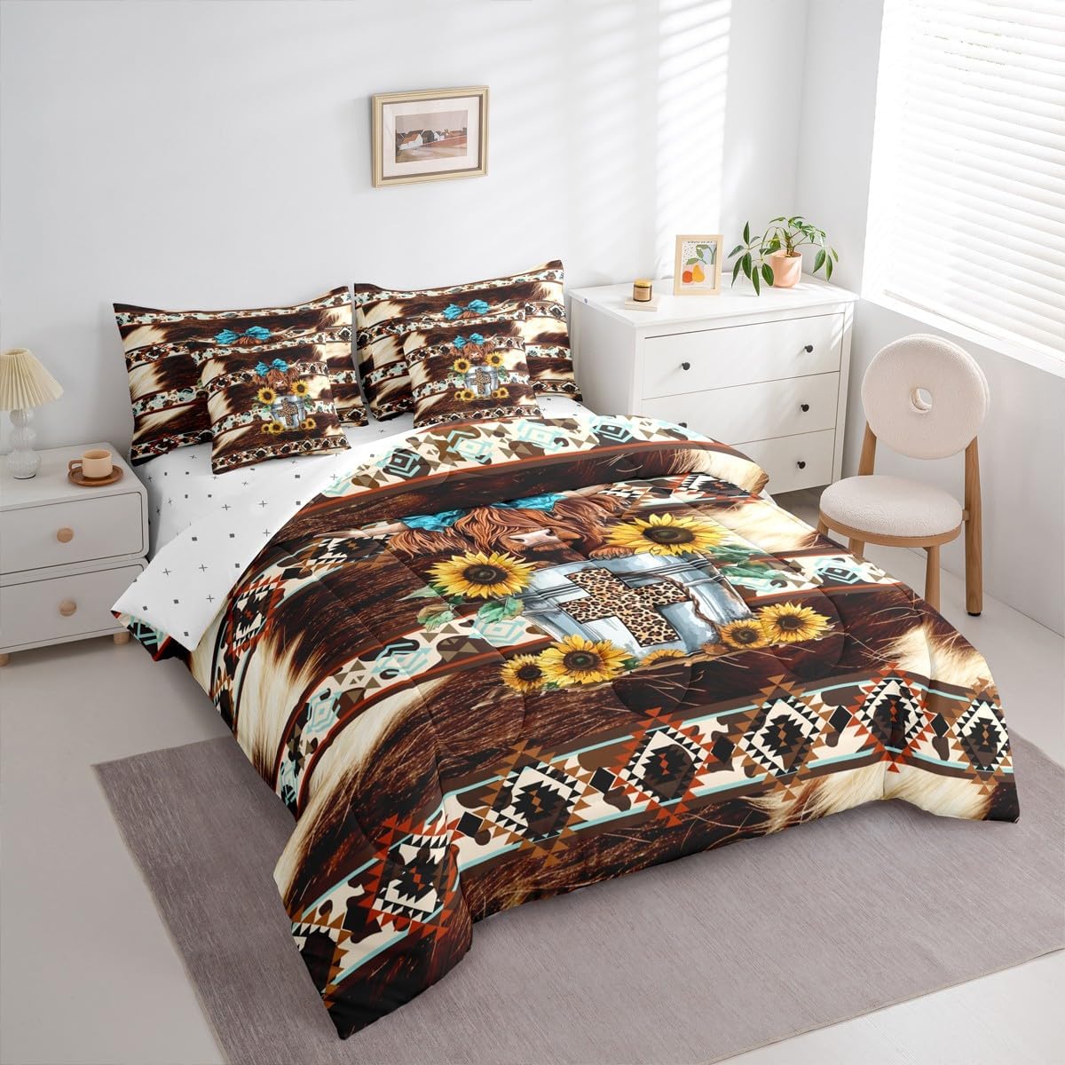 Feelyou Highland Cow Full Comforter Set with Sheets Cowhide Cow Print Vintage Animal Retro Fur 7 Pieces Bedding Set Boho Rustic Farmhouse Style Bed in a Bag Exotic Geometric Room Decor Western Aztec