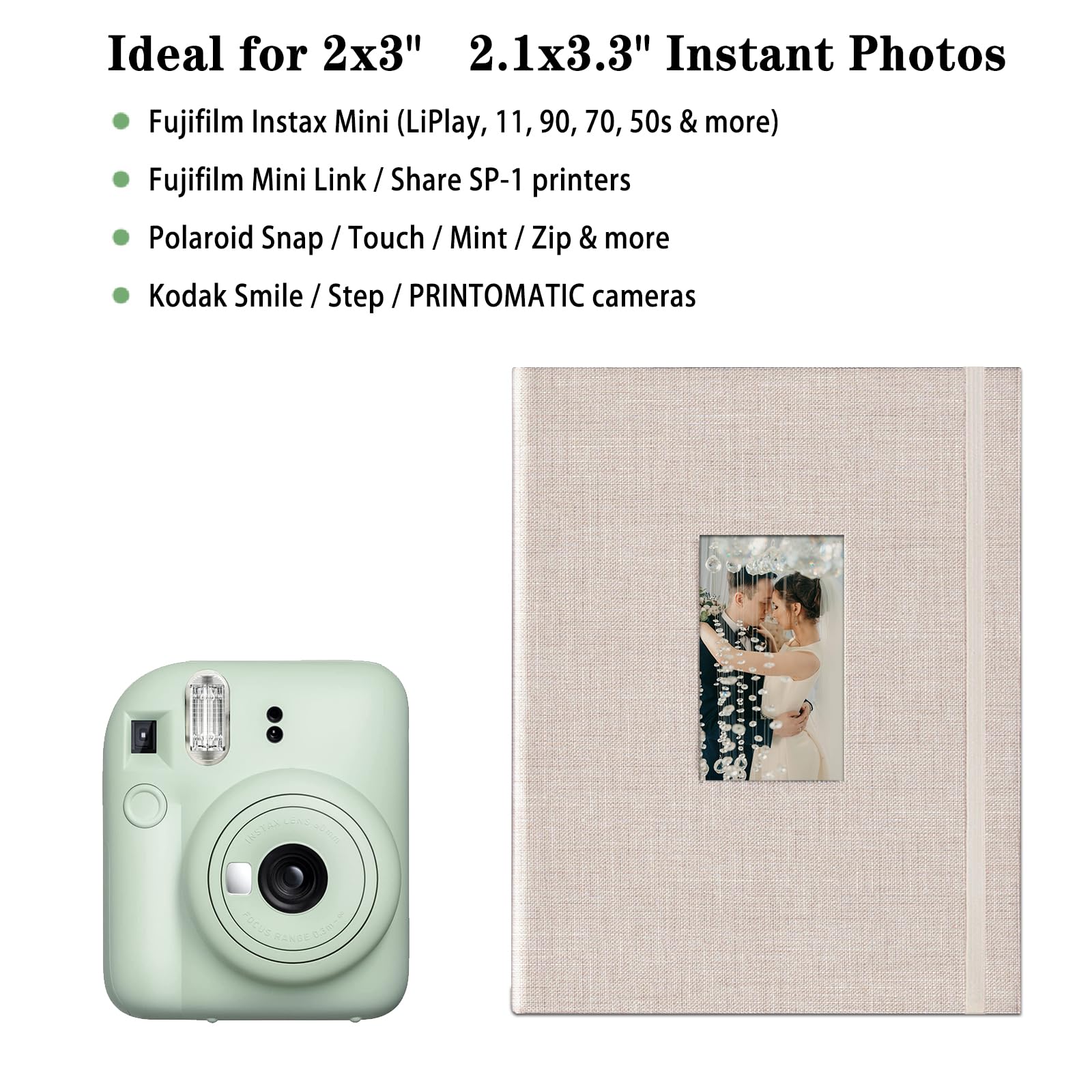 Mini-Fotoalbum, 208 Fotos, 5,1 x 7,6 cm, Bilderbuch für Fujifilm Instax Sofortbildkamera, Leinen, Hardcover, Polaroid-Buch für Fotos, Reisen, Familie, Jubiläen, Baby-Urlaub, Beige, 1 Packung