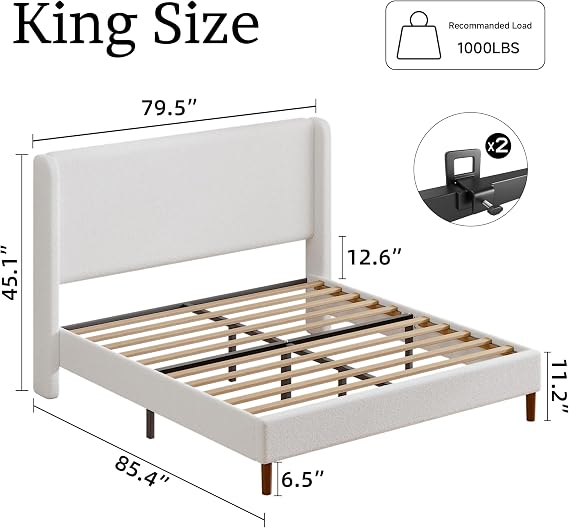 King Size Boucle Bed Frame with Upholstered Wingback Headboard, White
