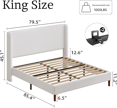 King Size Boucle Bed Frame with Upholstered Wingback Headboard, White