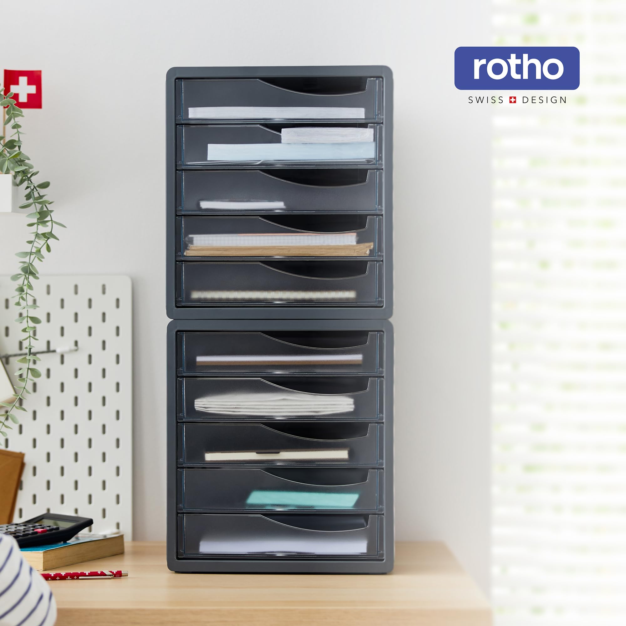 Rotho Spacemaker - Cajón/Caja de Oficina con 5 Cajones, Plástico (PS) sin BPA, Transparente/Negro, 33.5 x 28.5 x 32.0 cm