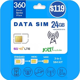 Jolt Mobile Data SIM Card - 24GB Internet 360 Day Data Plan on AT&T 5G 4G LTE Network Compatible with Any Unlocked IoT Devices - USA Coverage - Business-Office-Home Use. - Triple Cut SIM