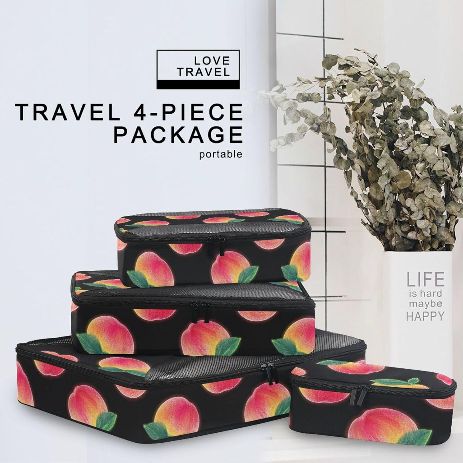 Pink Fluorescent Peach 4 Pcs set organizer for travel Mesh Travel Essentials portable set compression packing cubes