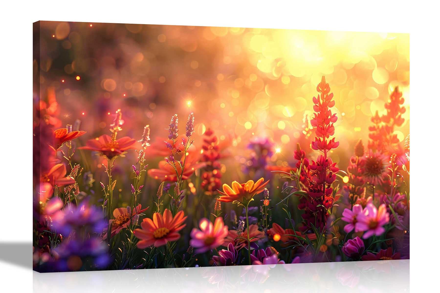 Artley Prints Summer Flowers Sunshine - Sunshine Over Summer Flowers Framed Canvas Wall Pictures Botanical Prints For Office Home Hallway Decoration 60 X 40Cm (24 X 16 Inches) A2