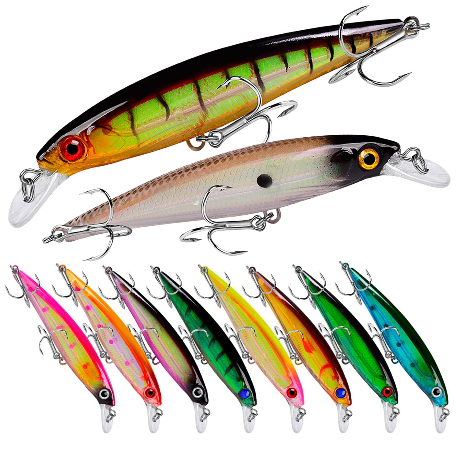 Kit Señuelos Pesca con Ojos 3D Realistass - Cebos Artificiales para Black Bass, Calamar y Trucha - Pesca Accesorios con Anzuelos Trebles Afilados y Efecto Luminiscente - Ideal para Mar, Río y Lago