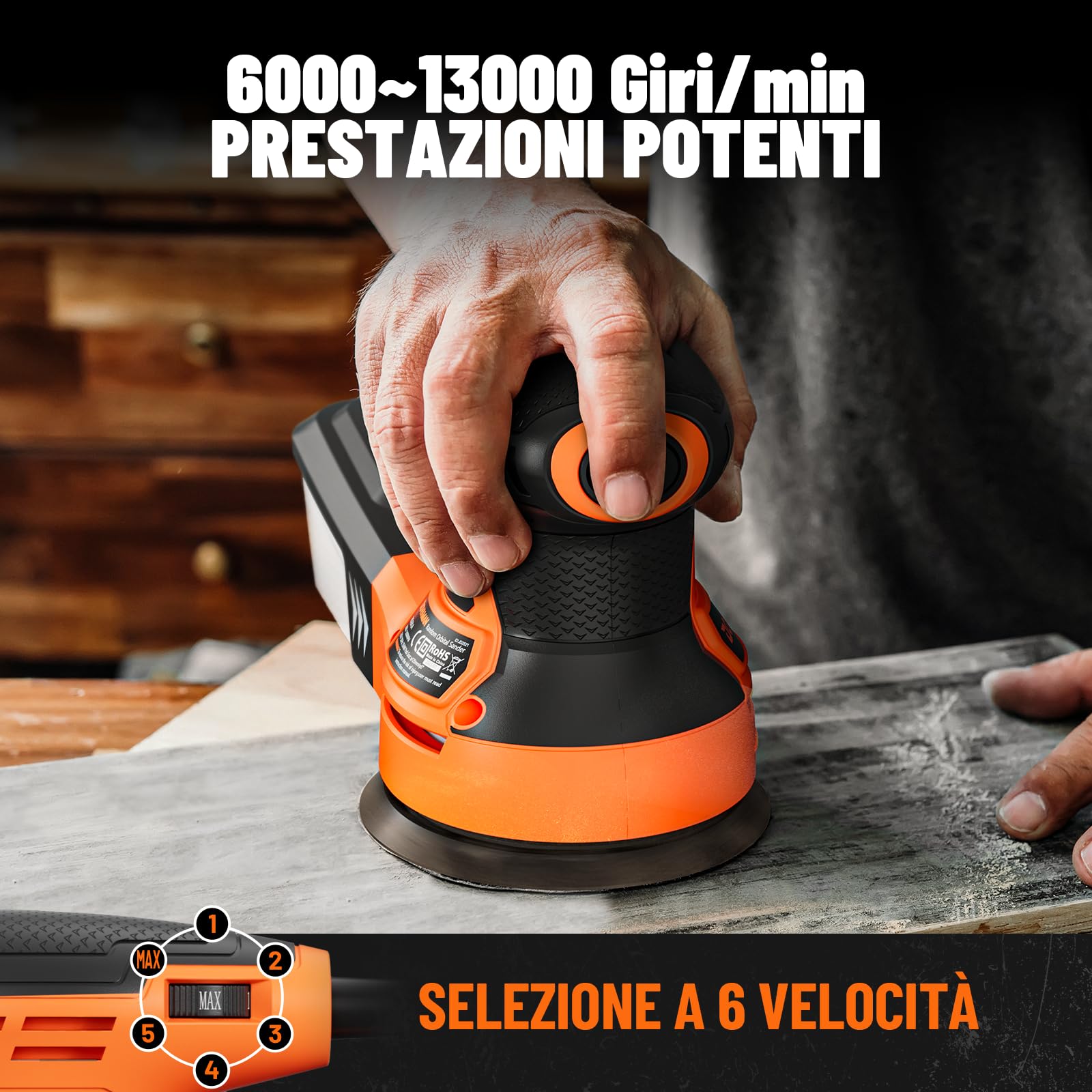 DOVAMAN ROS01A Levigatrice Orbitale,350W, 6 Velocità Variabili, 13000 RPM, 12 Fogli Abrasivi, Disco da 125mm, Raccolta della Polvere, Levigatrice Elettrica per Superfici in Legno e Acciaio