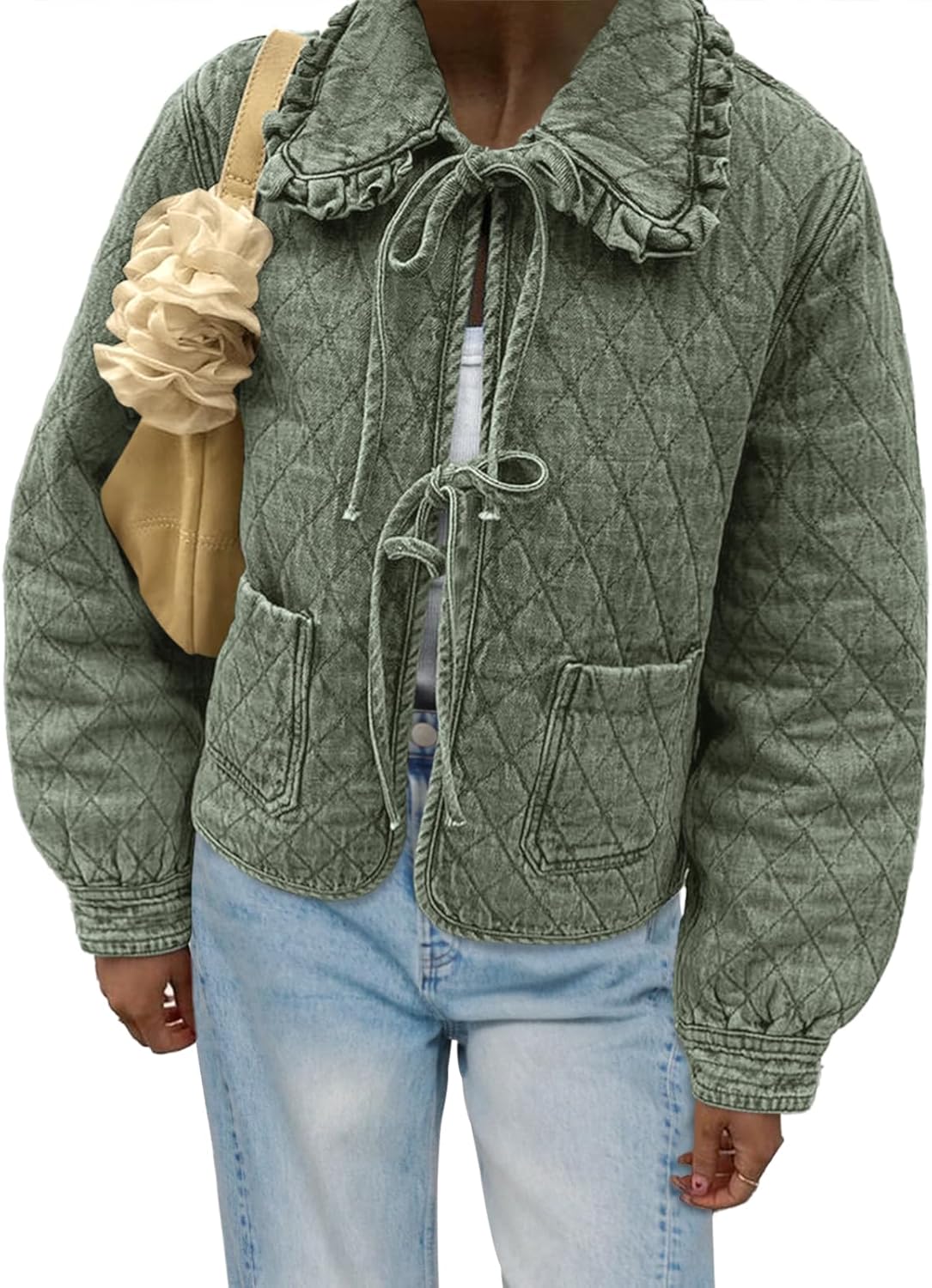 Tankaneo Womens Quilted Denim Puffer Jackets Tie Front Bow Cropped Puffy Jackets Fall Cute Short Jeans Coat