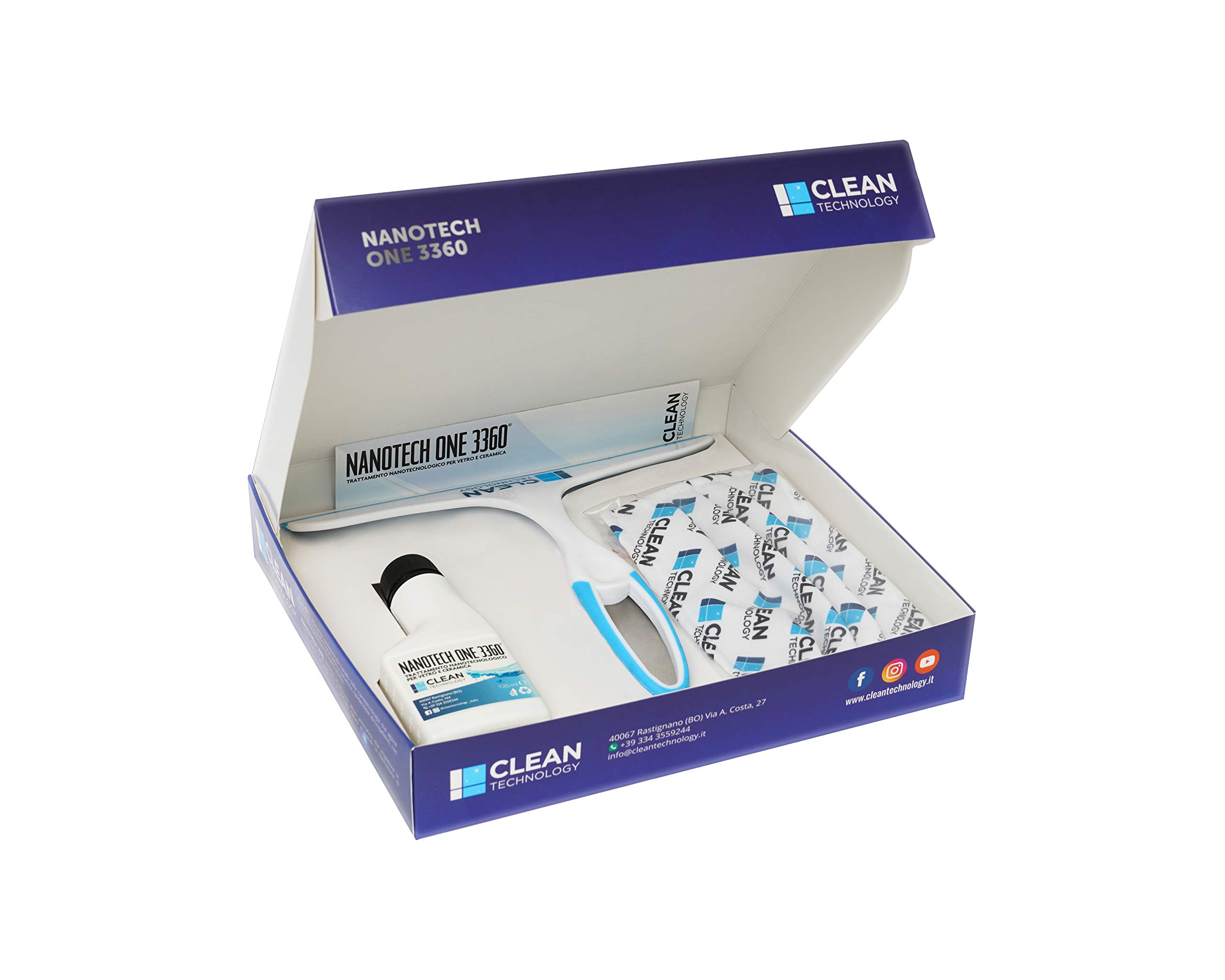 Box Nanotech One 3360 -125 ml con Tergivetro, Protezione Mani, Protezione vie Respiratorie, Cotone Gommato, Panno Microfibra - Trattamento anticalcare permanente per box doccia e vetri auto