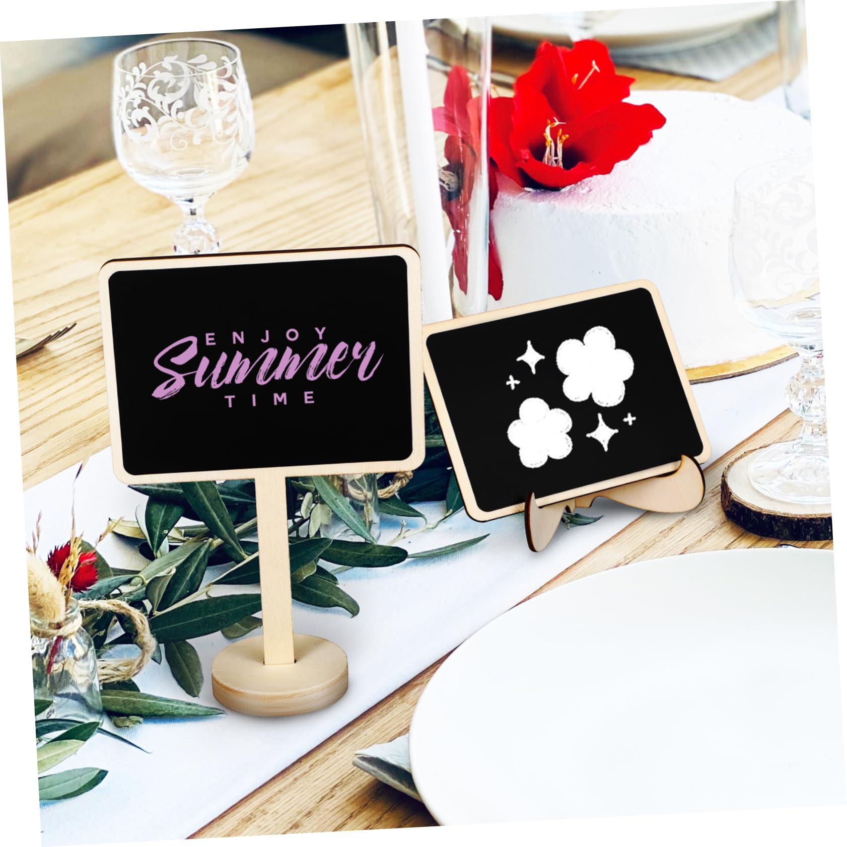 SEWACC Set de Mini Panneaux Ardoise Support en Bois et Plastique Noir, Effaçables et Stables, Incluant 10 Tableaux, 20 Autocollants, 2 Marqueurs, 2 Chiffons pour Couleur Aléatoire