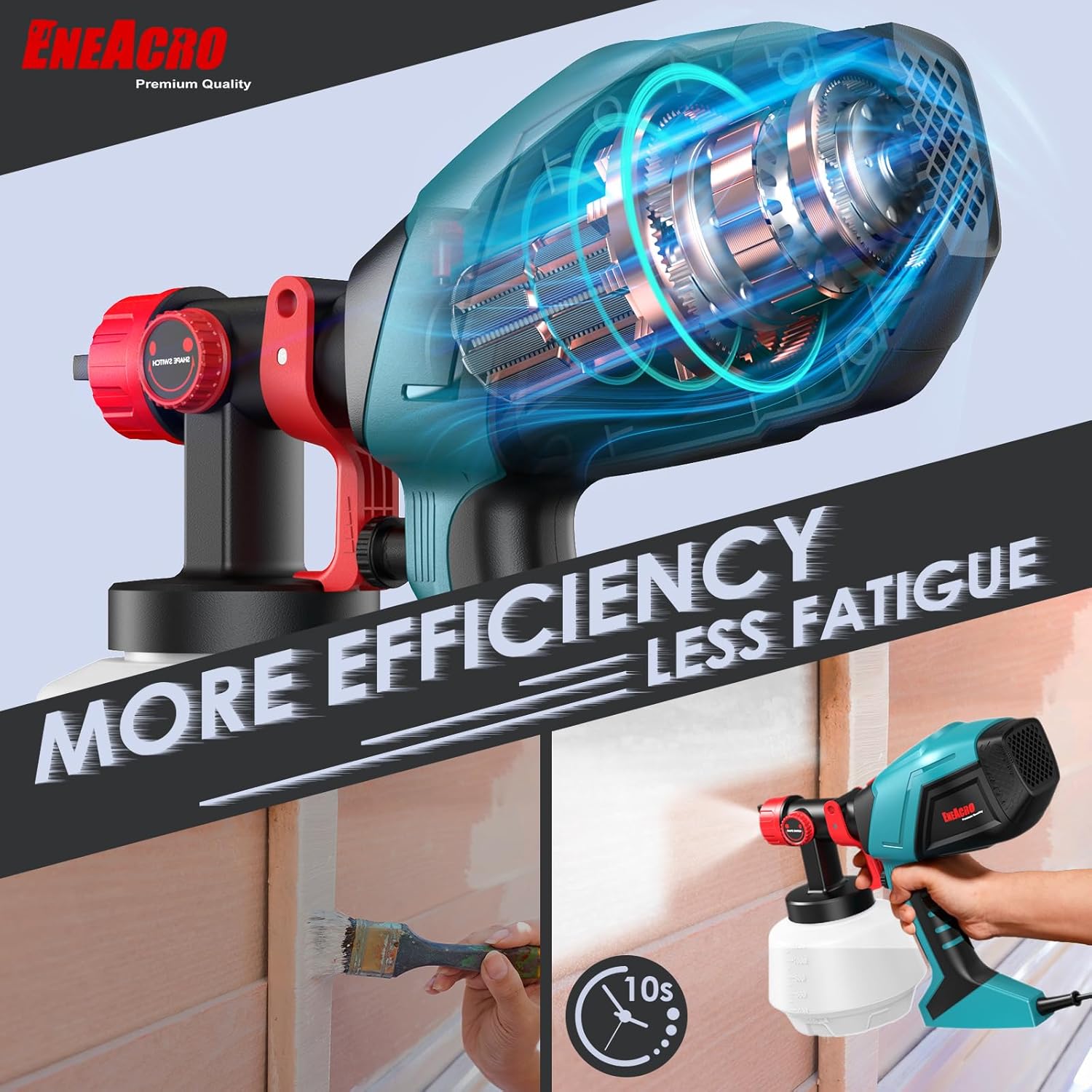 Image illustrating the efficiency of the ENEACRO paint sprayer compared to traditional brush painting, emphasizing 'More Efficiency Less Fatigue'.