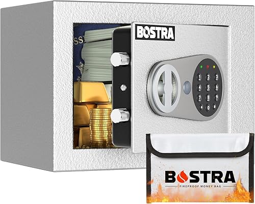 Bostra Caja de seguridad ignífuga con sensor de luz y bolsa ignífuga, caja fuerte para dinero con teclado digital, caja fuerte de seguridad para el