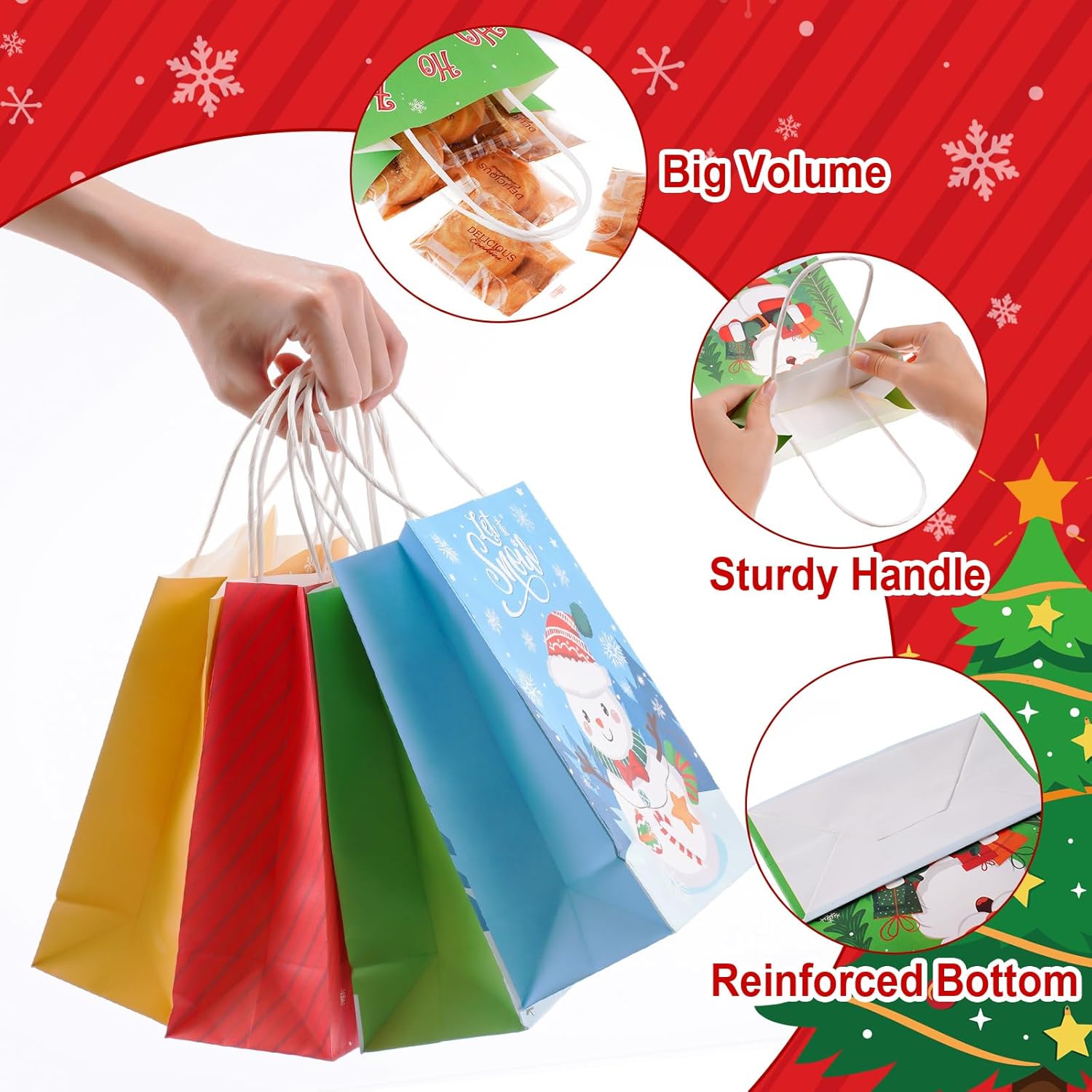 Funrous 24 Pcs Christmas Gift Bags with 24 Tissue Paper Bulk Small Christmas Kraft Paper Goodie Treat Bags for Gifts with Handles for Xmas Holiday Present Wrapping Party Supplies, 8.27 x 5.91 x 3.15'' - Image 3