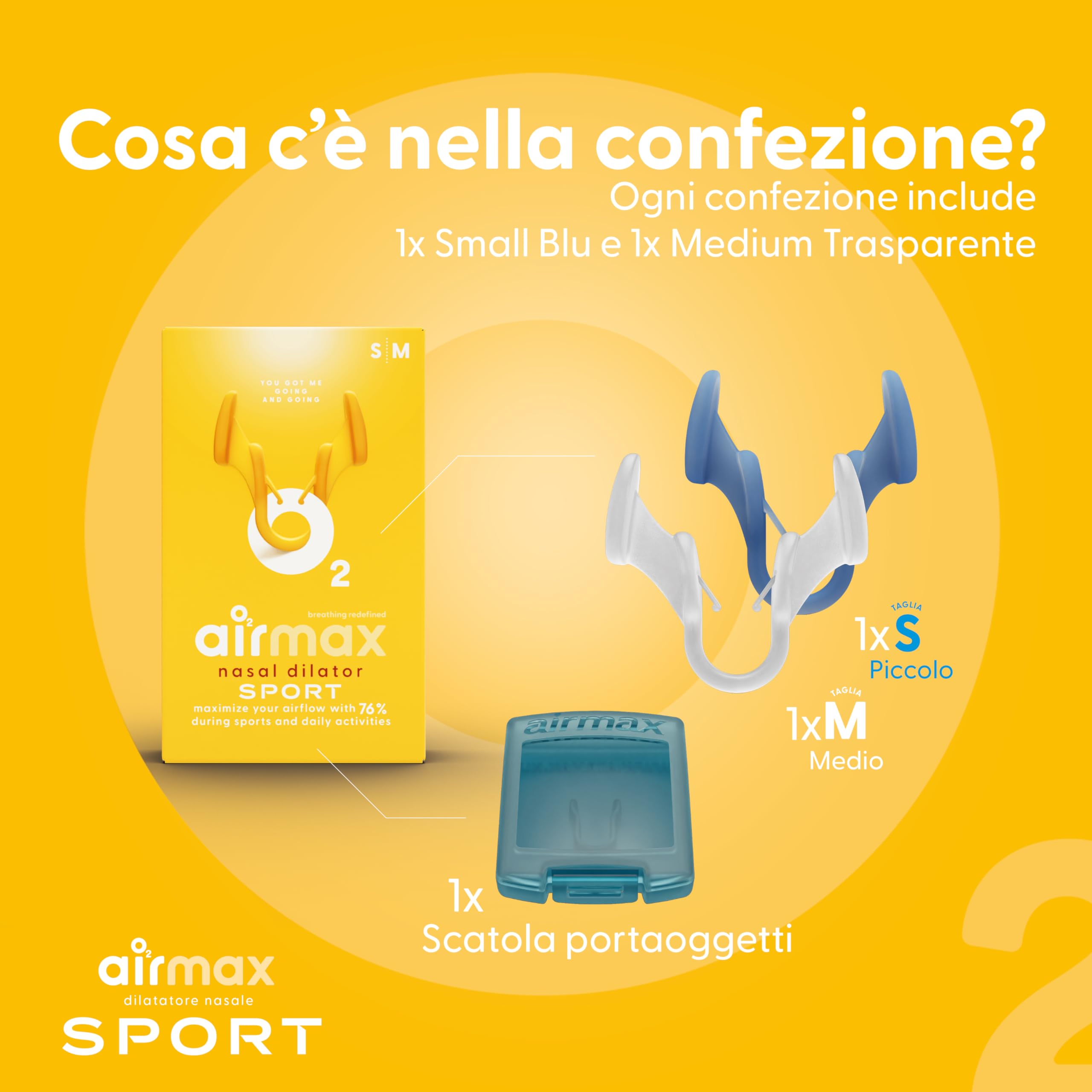 Airmax Sport Trial Pack - Dilatatori nasali unisex, facili da usare, sicuri e comodi, migliorano il flusso d'aria, blu (s) e trasparente (m)
