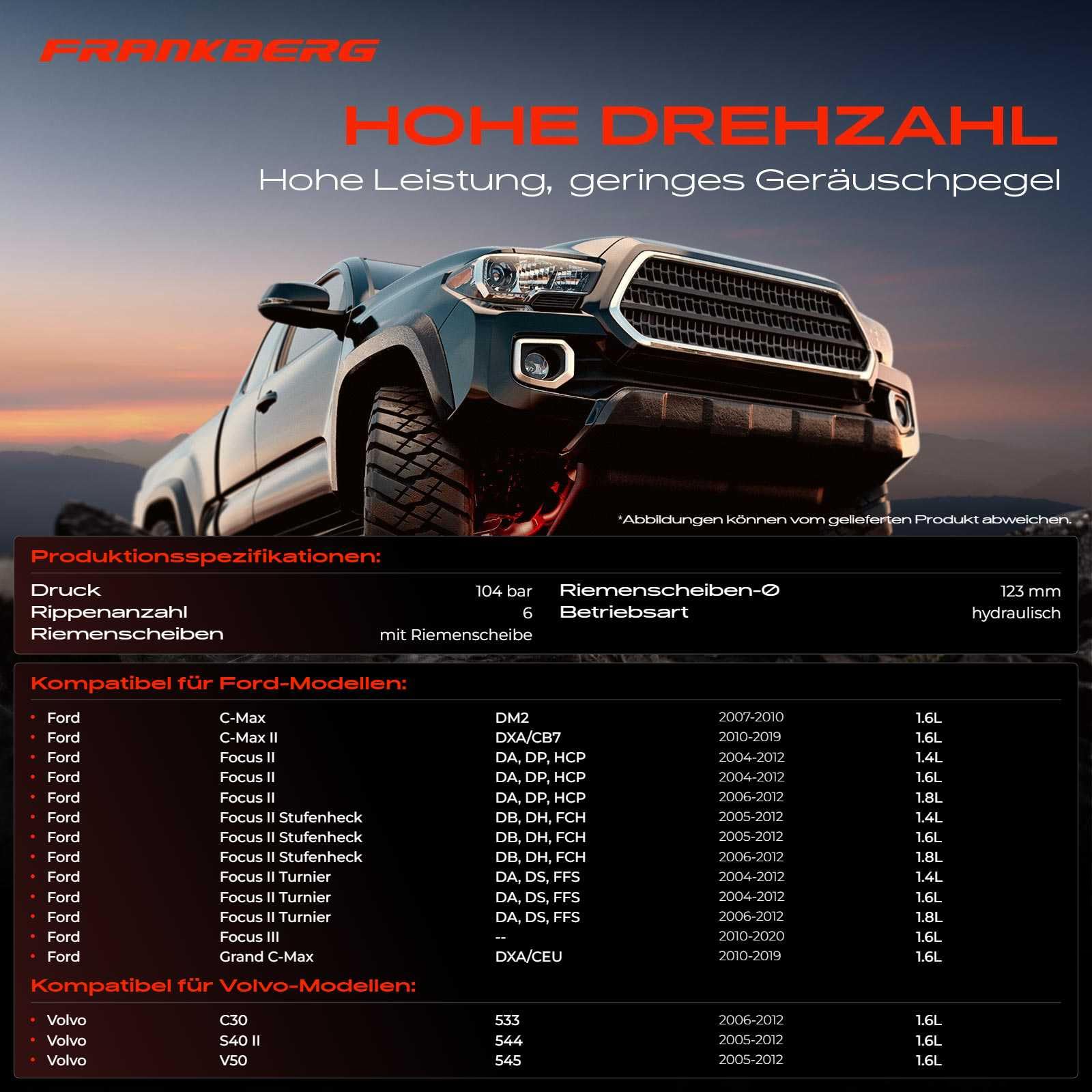 Frankberg Servopumpe Hydraulikpumpe Lenkung Kompatibel mit C-Max DM2 I4 1.6L 2007-2010 Focus II DA HCP DP I4 1.4L-2.0L 2004-2012 S40 II 544 I4 1.6L 2005-2012 Replace# 4M513A696AC