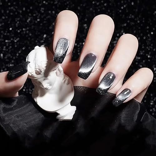 Uñas postizas negras a presión cuadradas medianas, uñas postizas plateadas con diseño de purpurina, uñas artificiales degradadas, uñas acrílicas