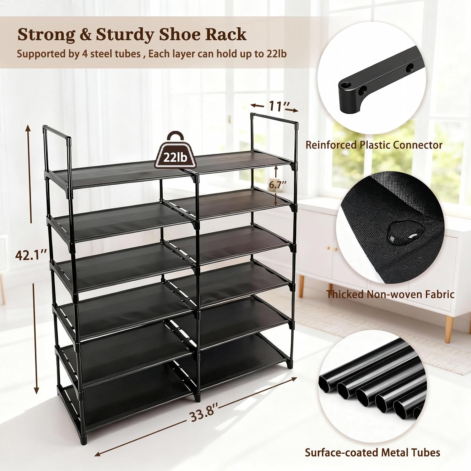 Shoe Rack - 6 Tier Shoe Organizer Storage Rack with Non-Woven & Metal Tubes, Sturdy Shoe Rack Shelf, Stackable Shoe Shelves for Closet,Entryway,Dorm,Garage,Corridor, (Black, 33.8" W - 6 Tier)