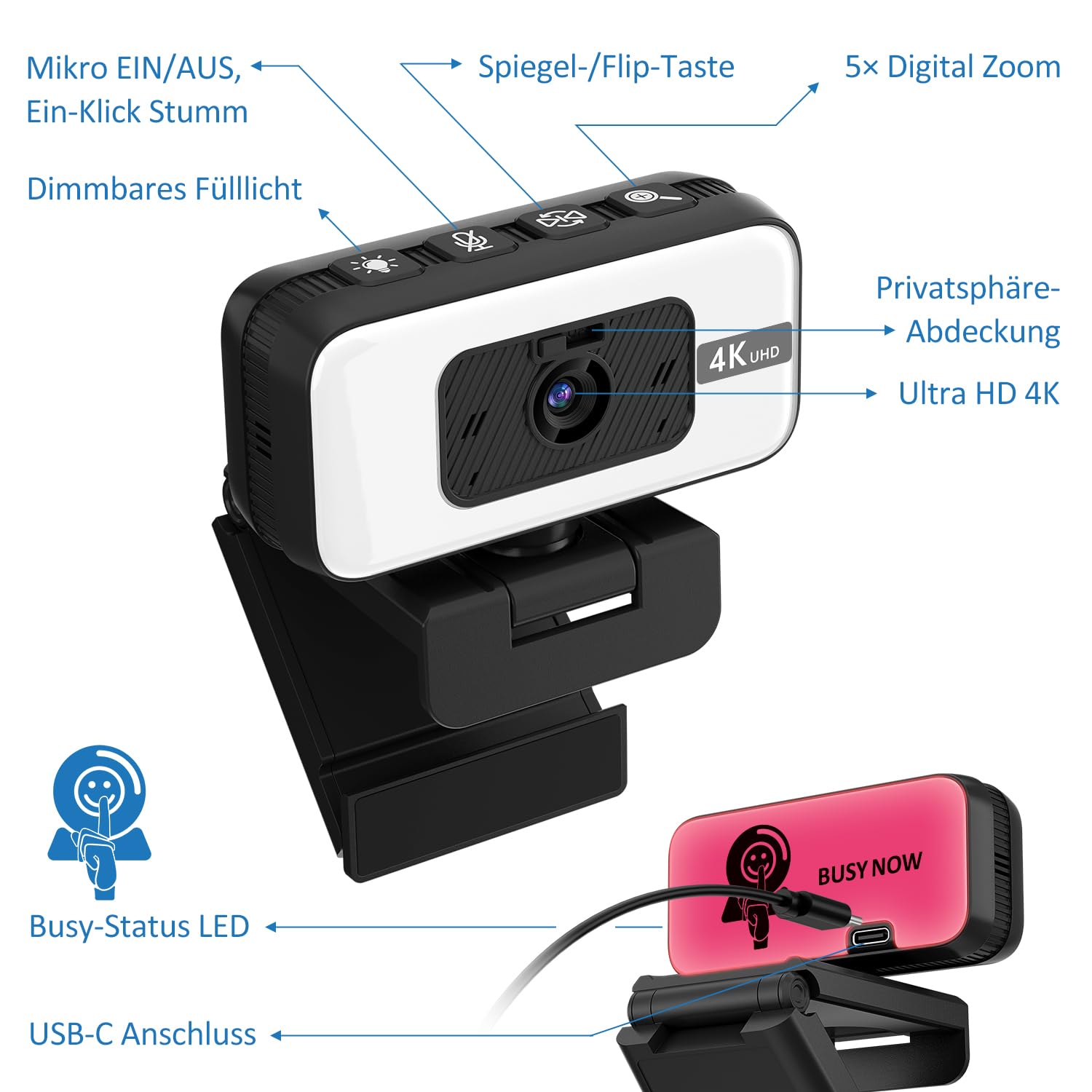 Webcam 4K, Autofokus PC Kamera mit Mikrofon für Laptop