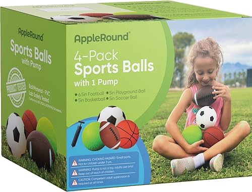 Miniatura 2 de AppleRound Paquete de 4 pelotas deportivas para niños pequeños y niños con inflador, pelota de fútbol de 5 pulgadas, baloncesto, pelota de juegos y