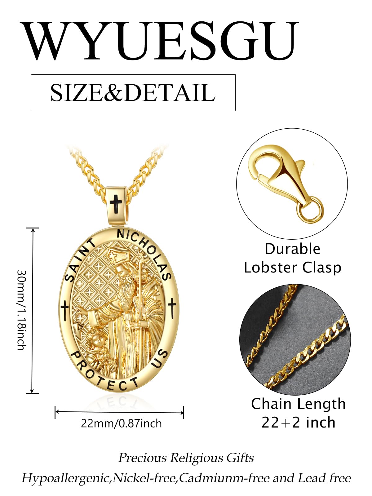 Medalla de oro de 14 quilates con colgante de San Patrono para hombre, collar católico religioso de cumpleaños para hombres con cadena Rolo de 2,5 mm de 22 pulgadas + 2 pulgadas