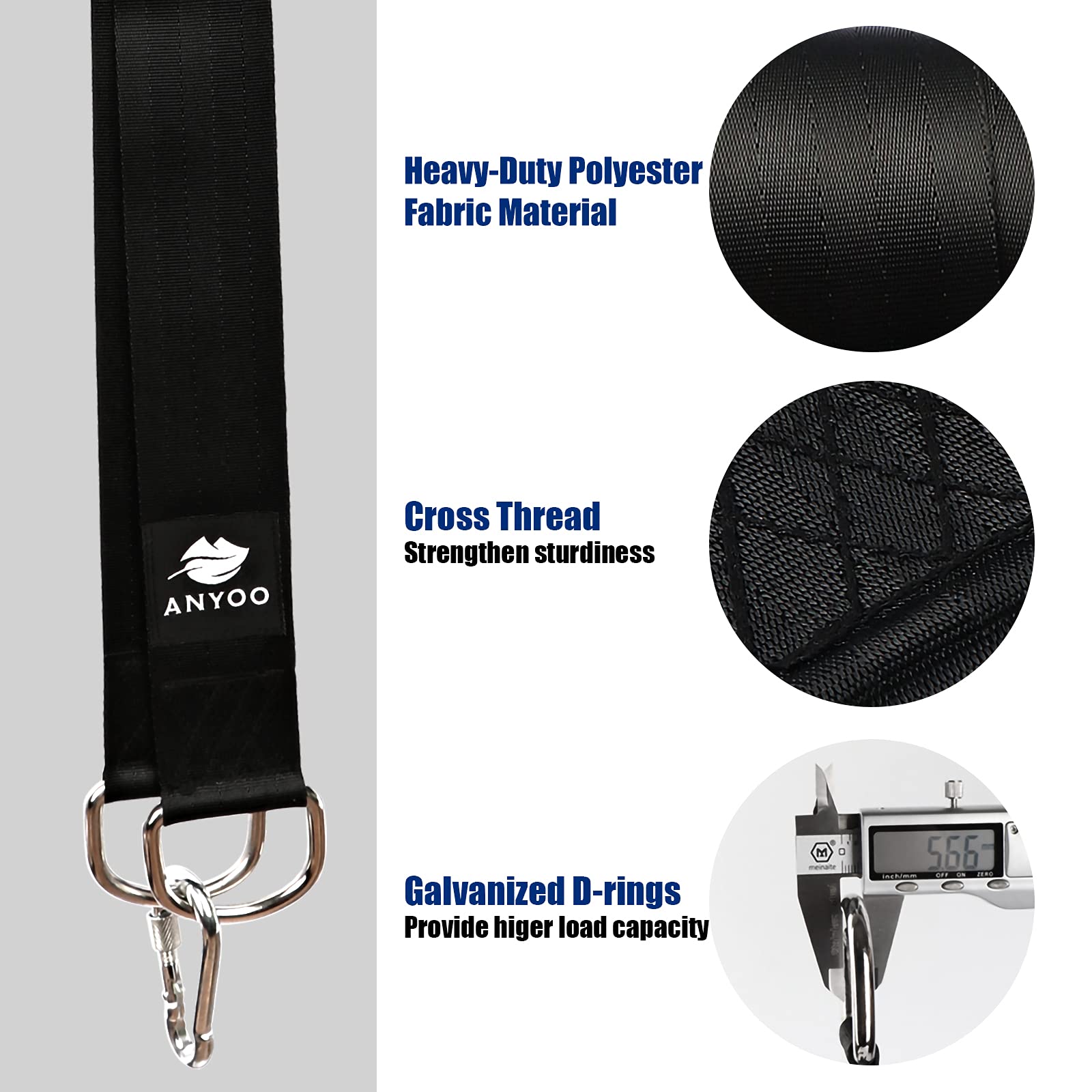 Anyoo Tree Swing Straps-Hängekit, haltbare 59 "Lange × 2" breite Gurte, schwere Stahlkarabiner, einfach und schnell, gut für Schaukeln und Hängematten