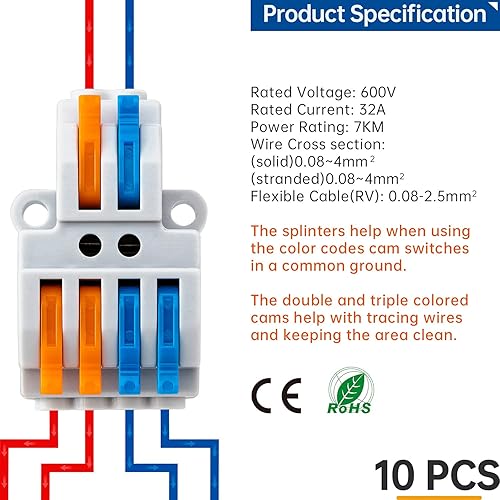 Miniatura 3 de GKEEMARS 10 conectores de cable de palanca, conector de cable de cableado rápido, bloque de terminales de conductor a presión (2 en 4 salidas)