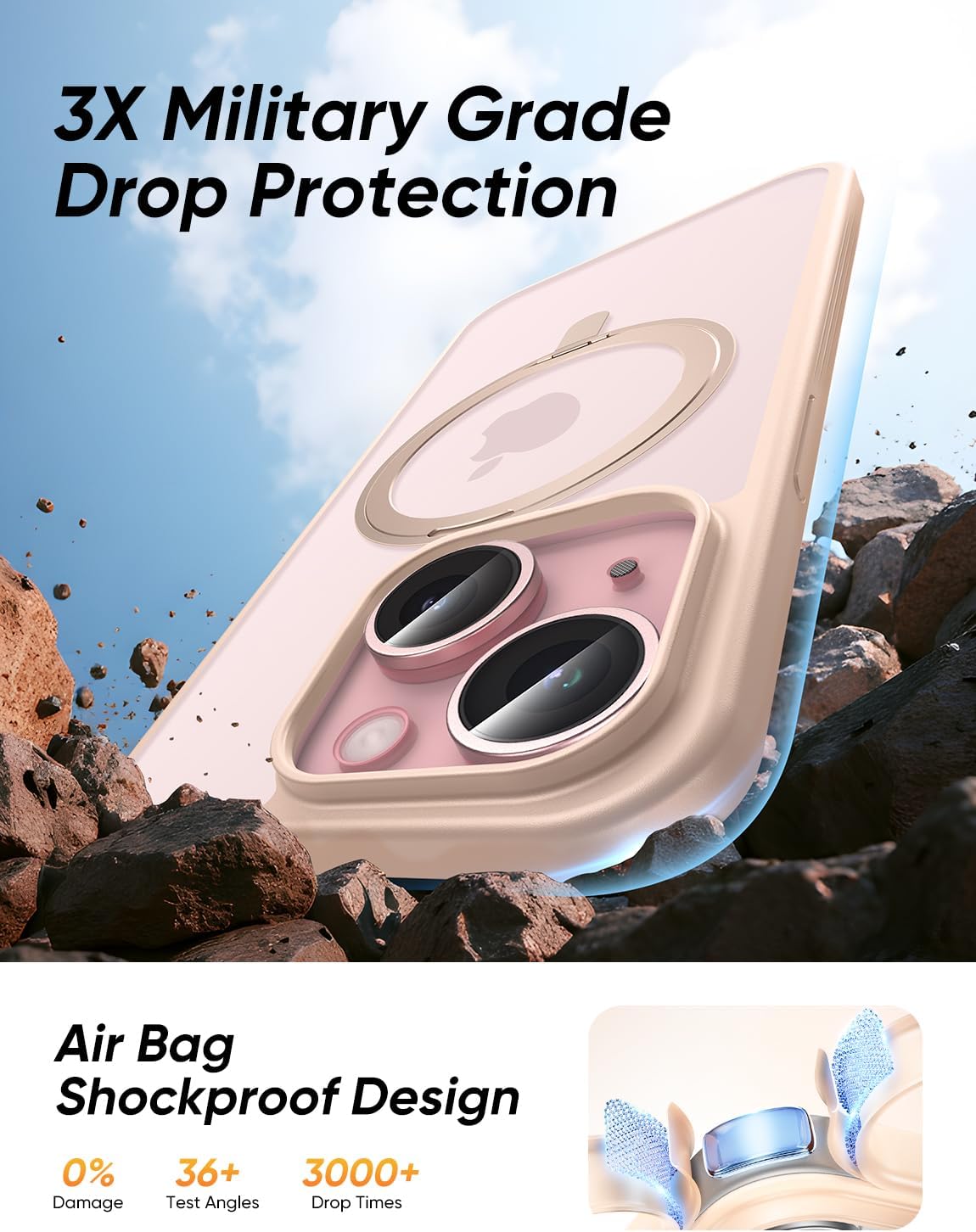 MAGIC JOHN for iPhone 15 Case 360° Rotatable Magnetic Invisible Stand, Fit for MagSafe 15 Phone Case, 16FT Military Grade Shockproof for iPhone Case with Kickstand, Rose Gold - Image 3