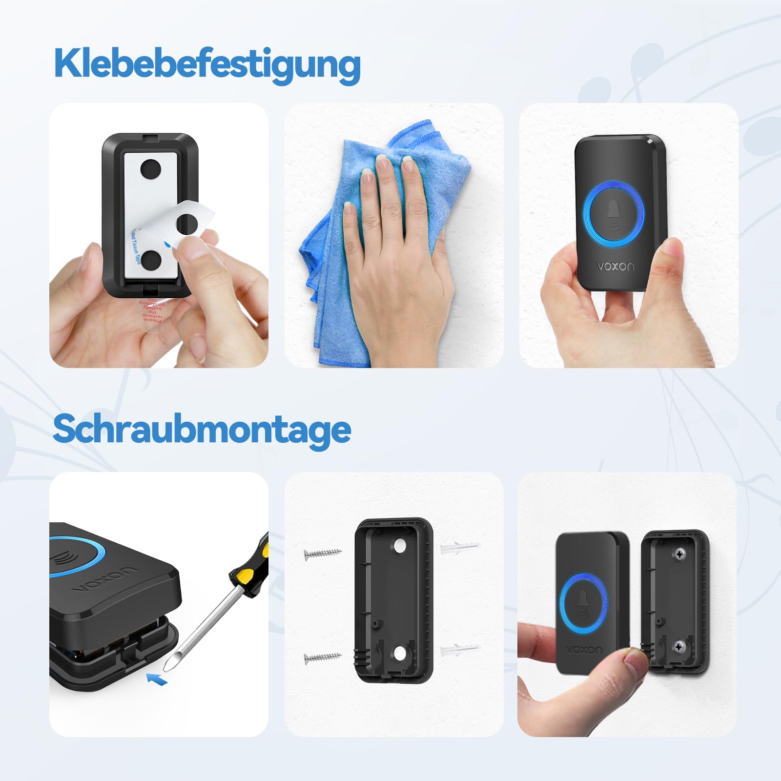 VOXON Funkklingel, 400m Reichweite Kabellose Türklingel Funk Set mit 2 Plug-In-Empfängern und 1 Sender, IP65 Wasserdicht Klingel Haustür für Außenbereich, 60 Melodien Doorbell, RGB-Licht(Schwarz)