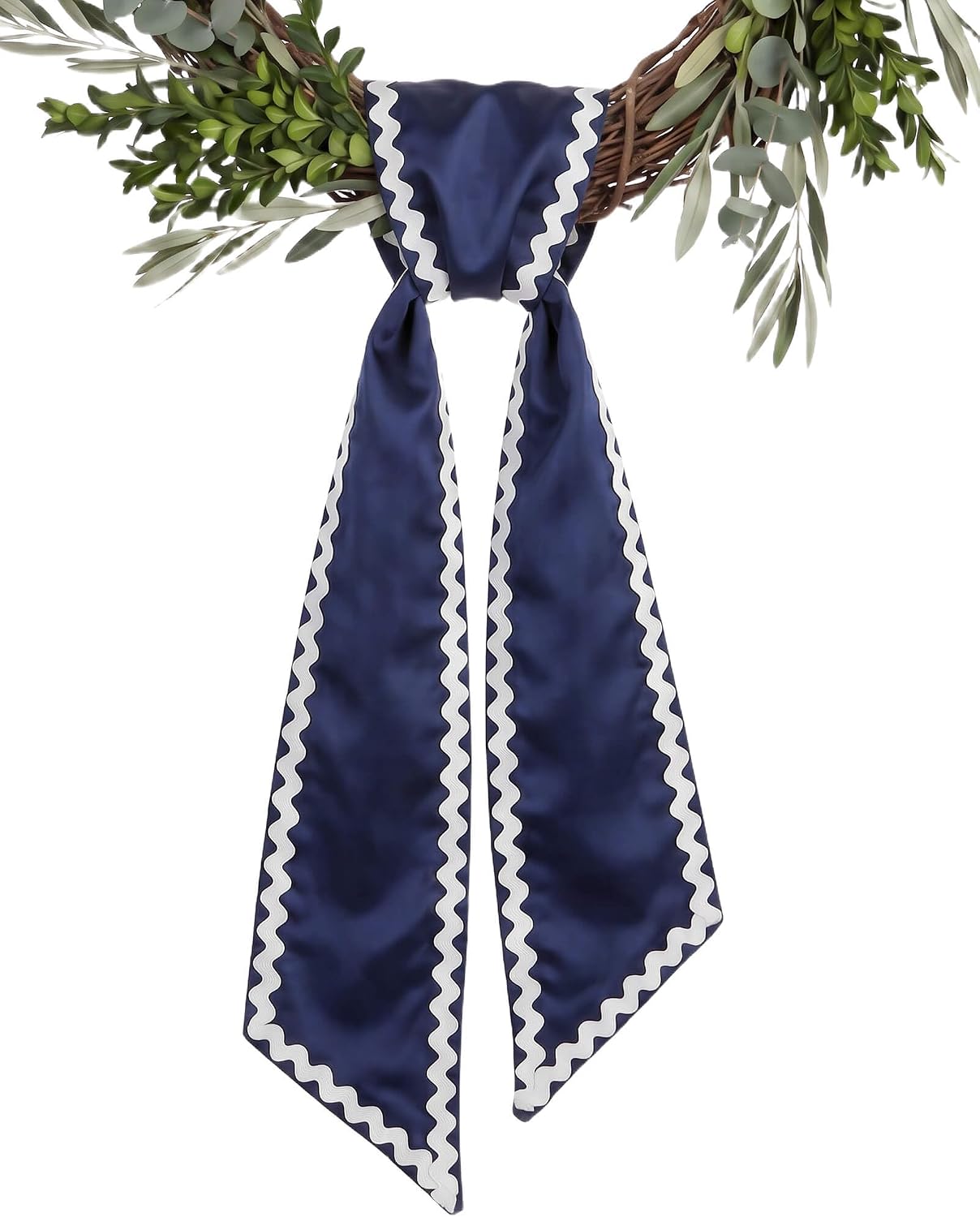 Navy and White Wreath Sash for Front Door, Navy Blue Satin Ribbon Scarf with White RIC Rac Trim, Hanukkah Coastal Nautical Veterans Decor, Porch Mantel Outdoor, 4.5 x 56 Inch
