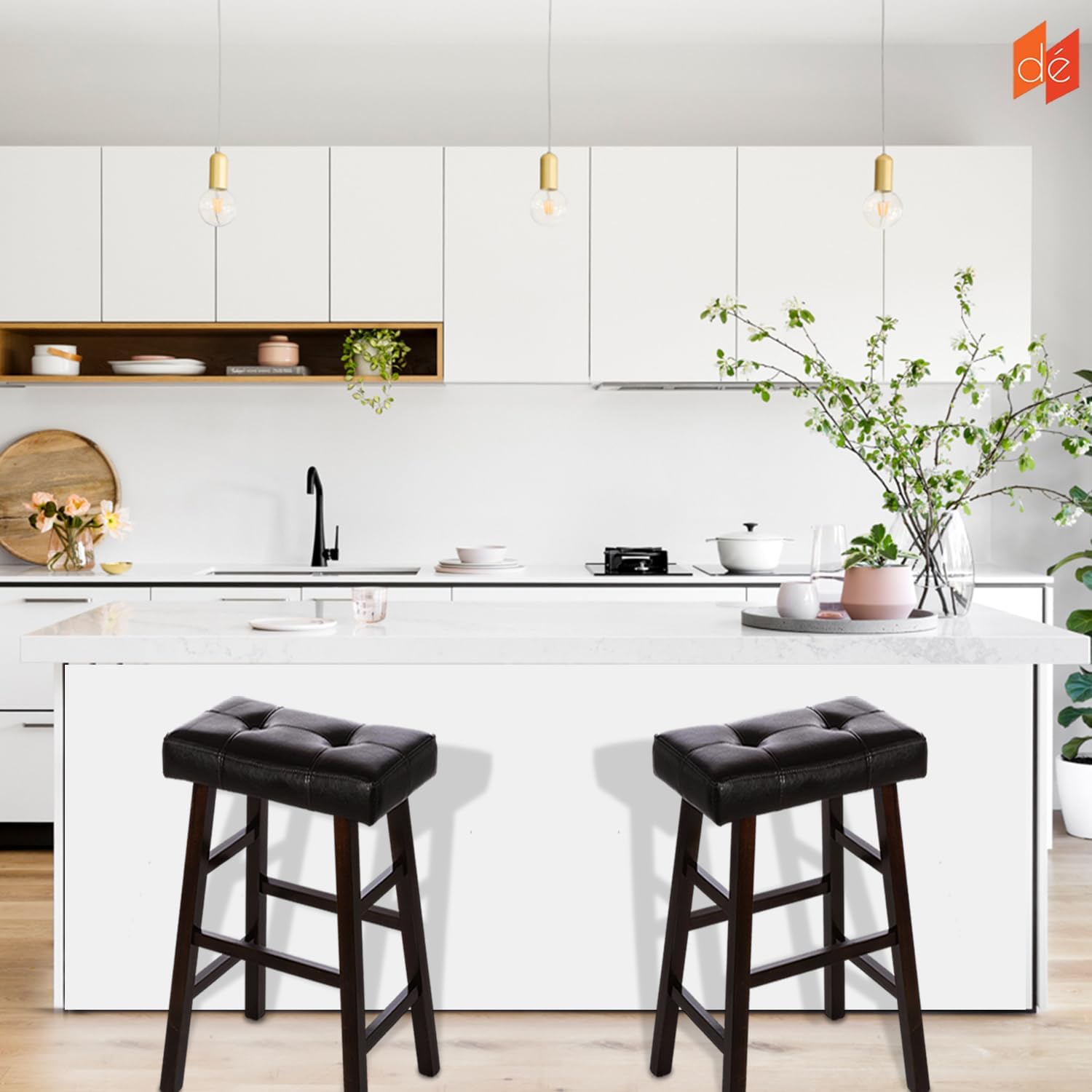 Legacy Decor 2 Counter Bar Stool Set - 29" High Dark Espresso Barstools with Wrapped Bonded Faux Leather Seat - Solid Wood Modern Countertop Stools - Ideal for Kitchen Island & Bar Areas