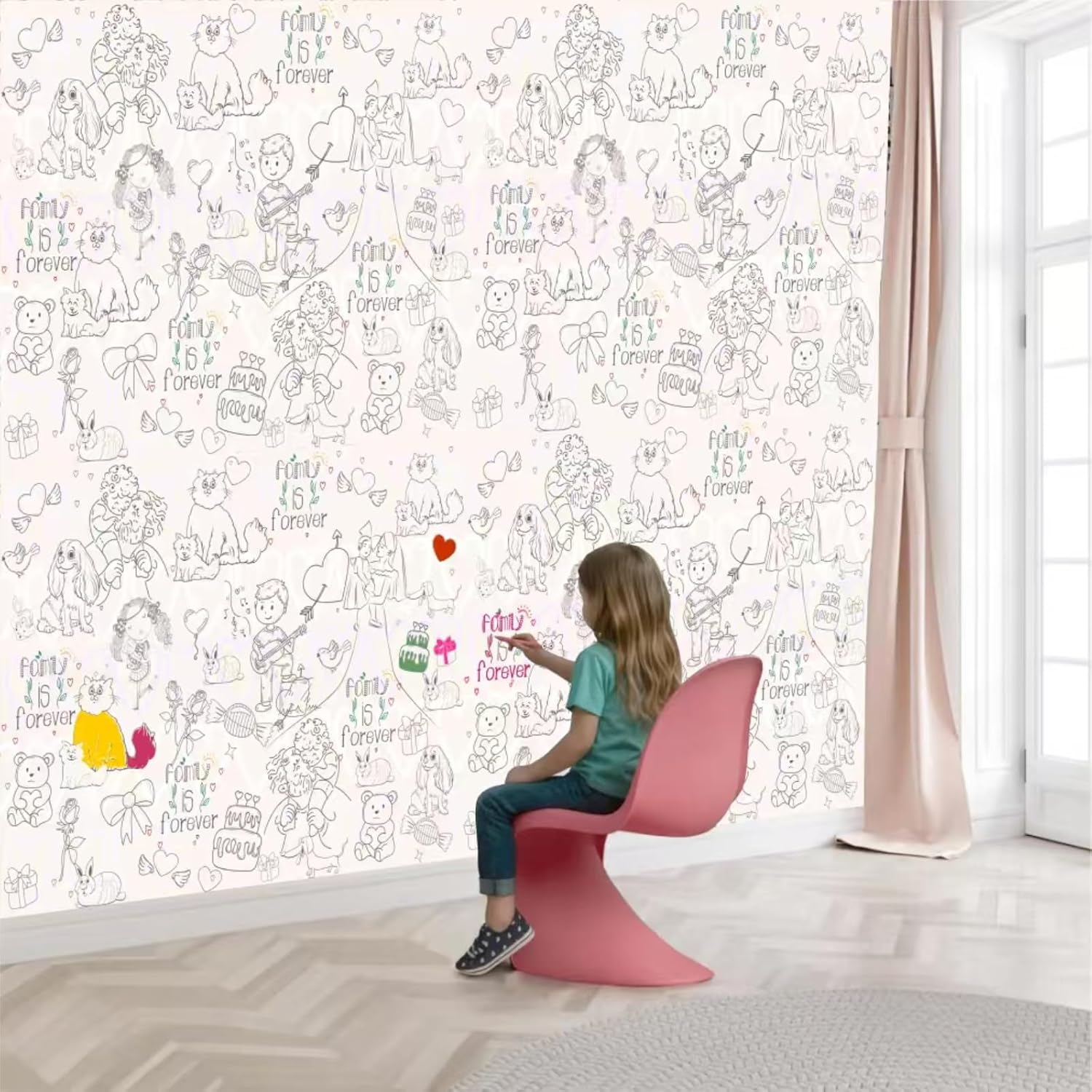 Peel and Stick Wallpaper Coloring Cute Characters Cartoon Contact Paper 15.7in x 196in DIY Art Projects for Kids Bedroom Playroom Vinyl Wall Decor