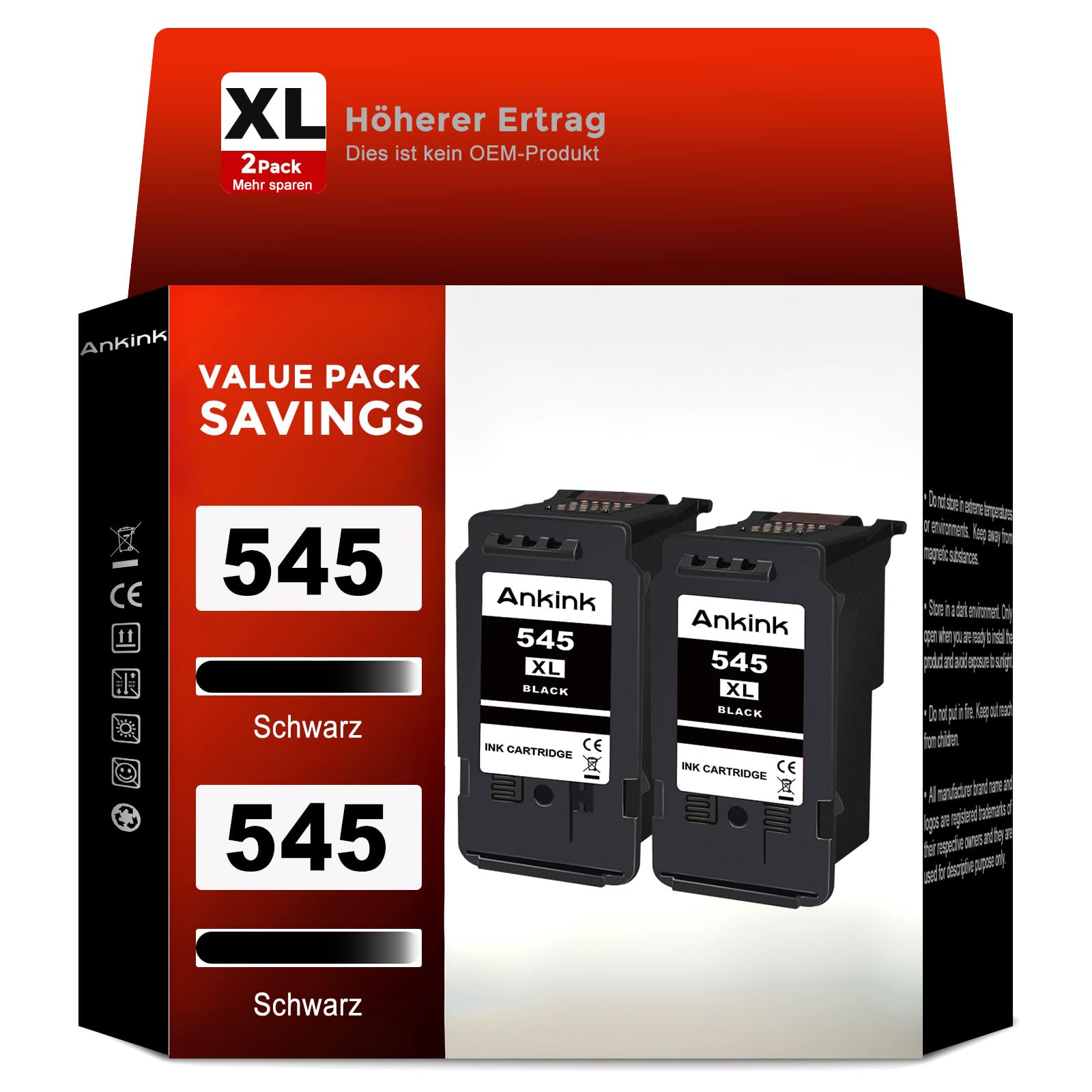 ANKINK Kompatibel Tintenpatrone Druckerpatronen als Ersatz für Canon PG 545XL PG545 Patrone 545 XL für MG2450 MG2550 MG2950 MG2550s TR4550 TR4551 TR4650 TS3350 IP2850 MX490 MX495 MG3050 Schwarz 2 Pack
