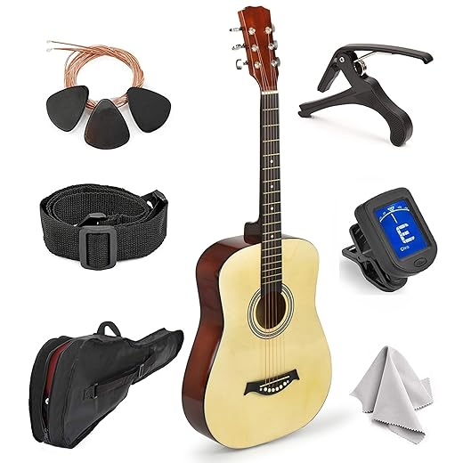 Left Handed Acoustic Guitar For Kids By MasterPlay- 30” Beginner Guitar For Learners- Accoustic String Starter Kit: Guitar Bag, Tuner, Strap, Extra Strings, Picks, Wash Cloth, Capo (Natrual)