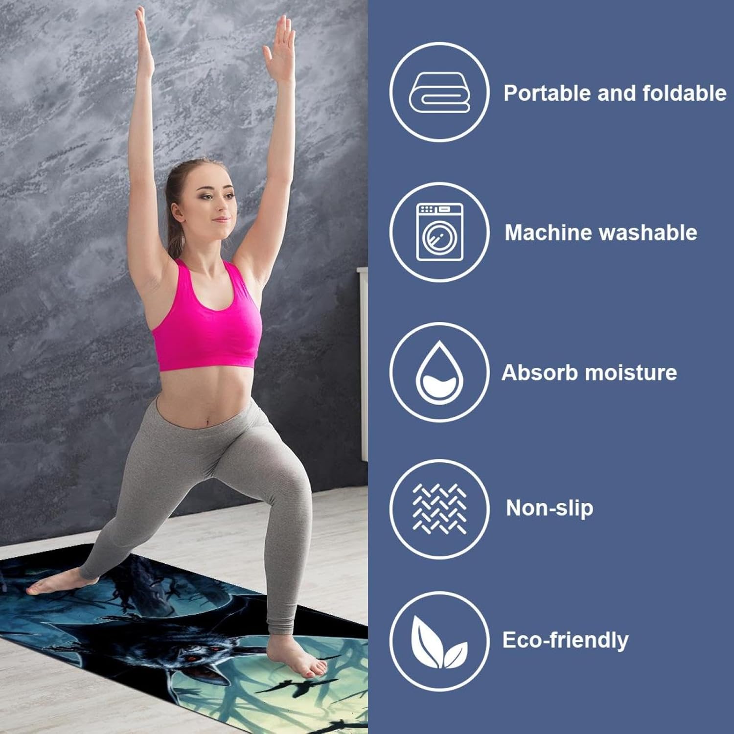 Yoga Towel, Bat Pattern Non Slip Sweat Absorbent Hot Yoga Mat Towel for Hot Yoga, Pilates and Fitness - 72.8" x 26.8"