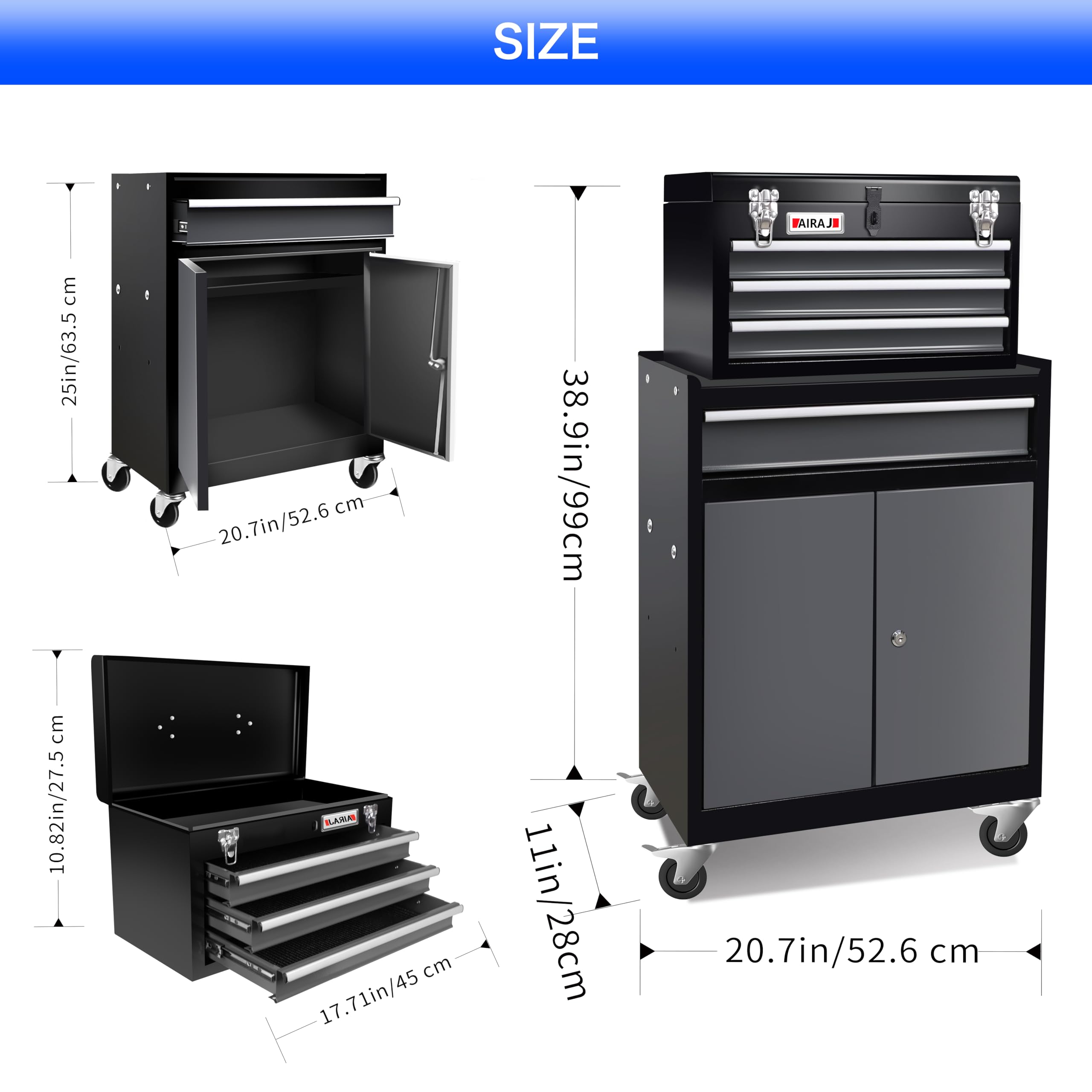 AIRAJ Cassettiera portautensili a 4 cassetti con ruote, 2 in 1, armadietto per attrezzi rimovibile in metallo e top box, resistente cassetta degli attrezzi con 4 ruote (2 freni) per garage, officina